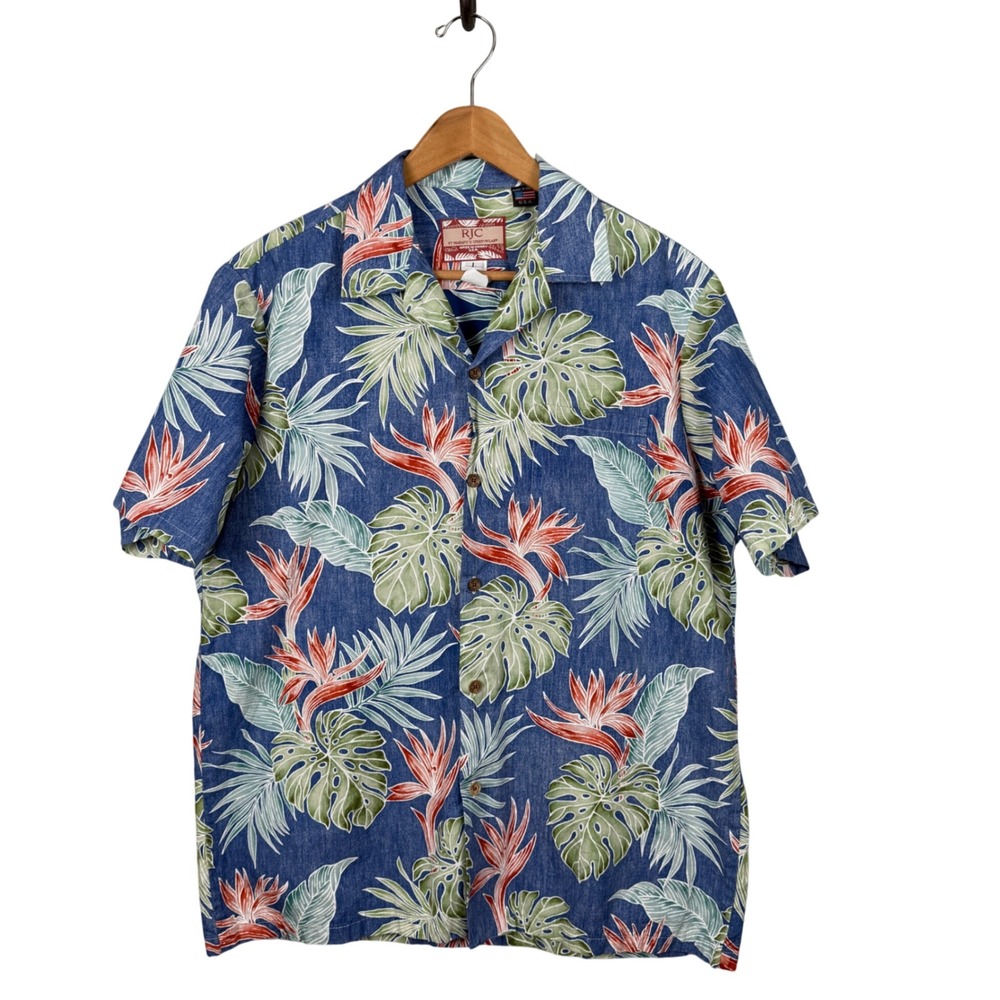 RJC Hawaiian Shirt Mens L Blue Monstera Leaves and Tropical Bird of Paradise